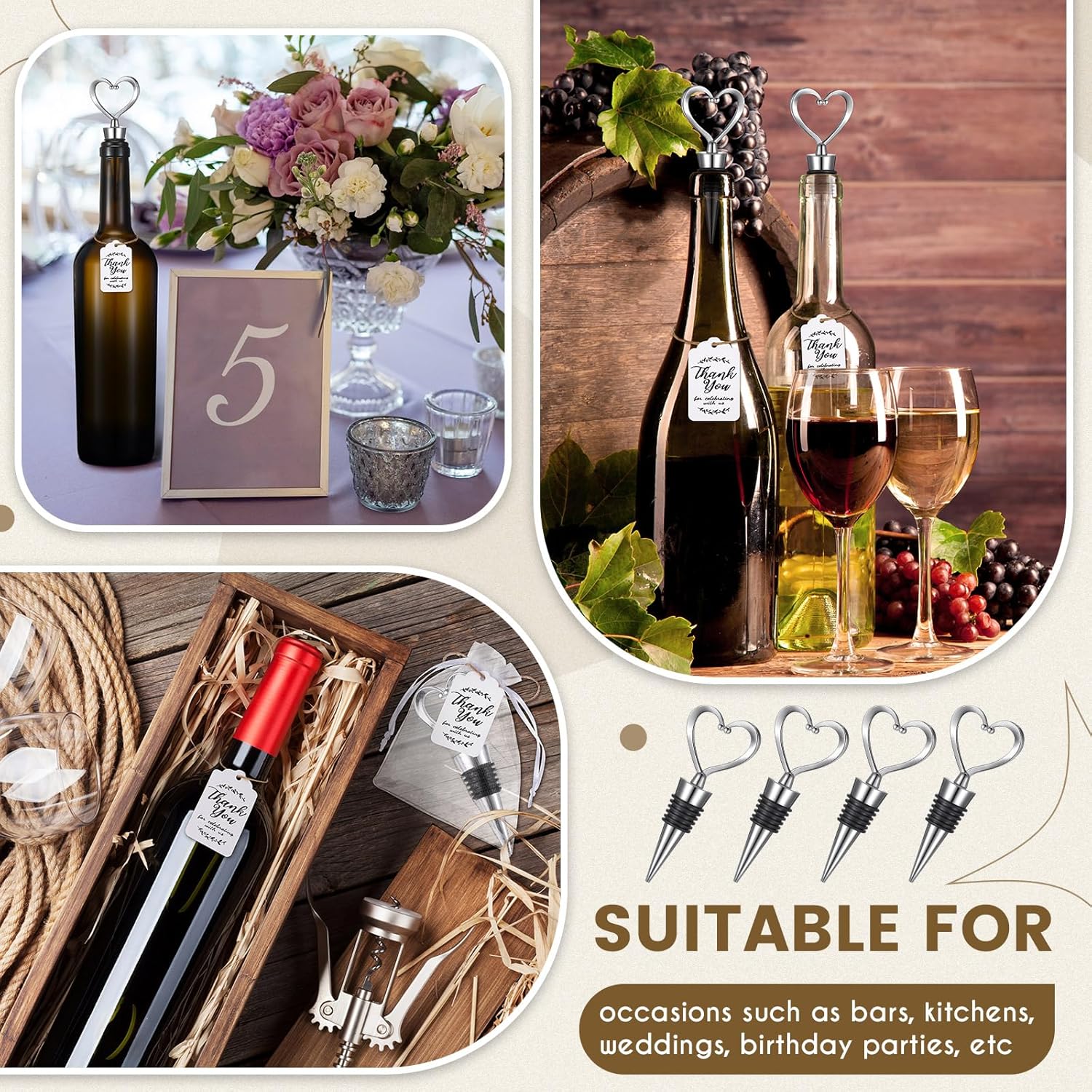 30 Pcs Heart Shape Wine Stoppers Love Wine Bottle Stopper Silver Champagne Beer Bottle Stopper 50 White Kraft Labels 30 Sheer Bags with String for Wedding Gift Valentine Decorations