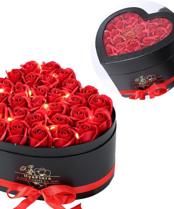 HyeFlora 30pcs Artificial Red Roses in a Heart Shape Box, Fake Roses Artificial Flowers Forever Roses Gifts Box for Her Wife Girlfriends for Mom Women Grandma Birthday