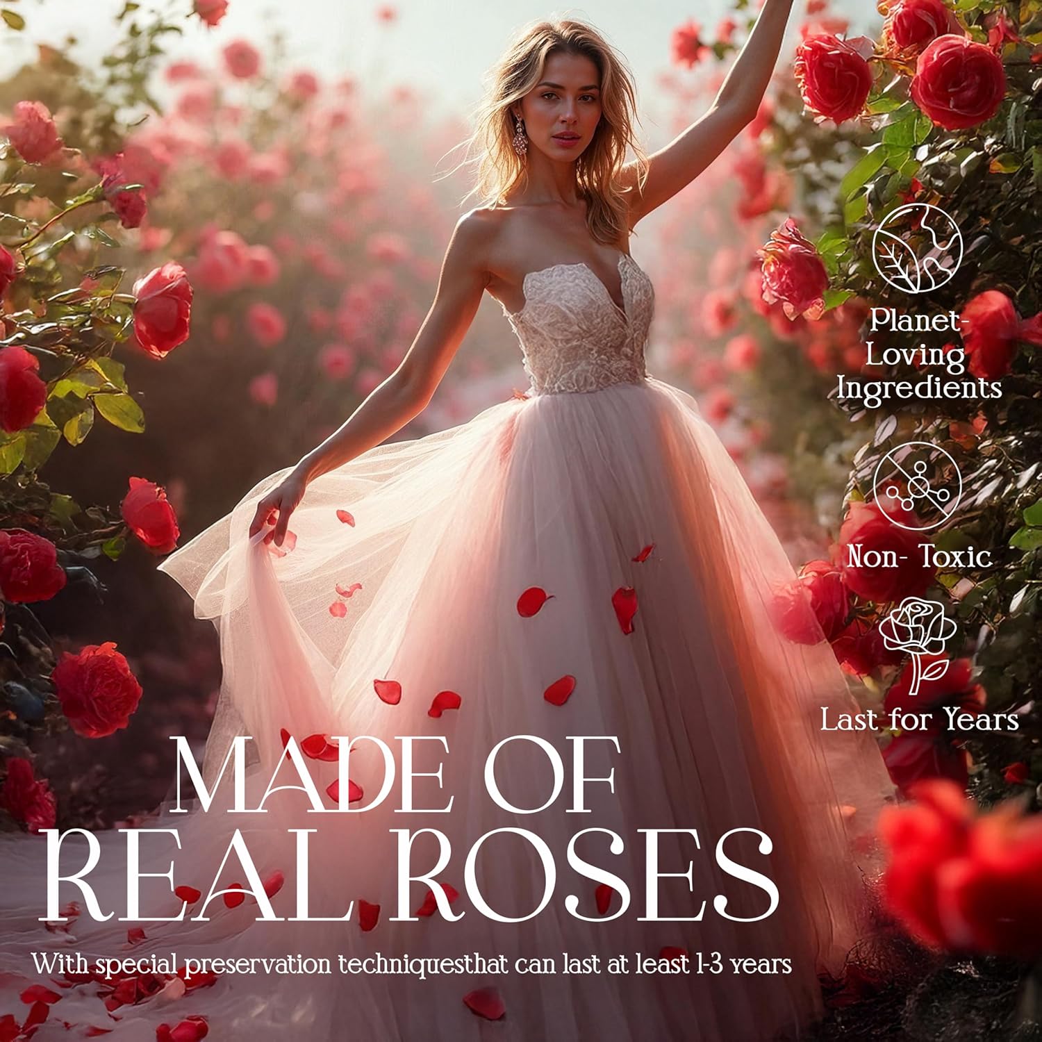 GLAMOUR BOUTIQUE Preserved Roses in a Box – Gifts for Her, Wife & Mom, Rose Flowers Forever Decor for Birthday Gift, Get Well Flower Bouquet Cased in White Box with Cover – Red – 27-Piece