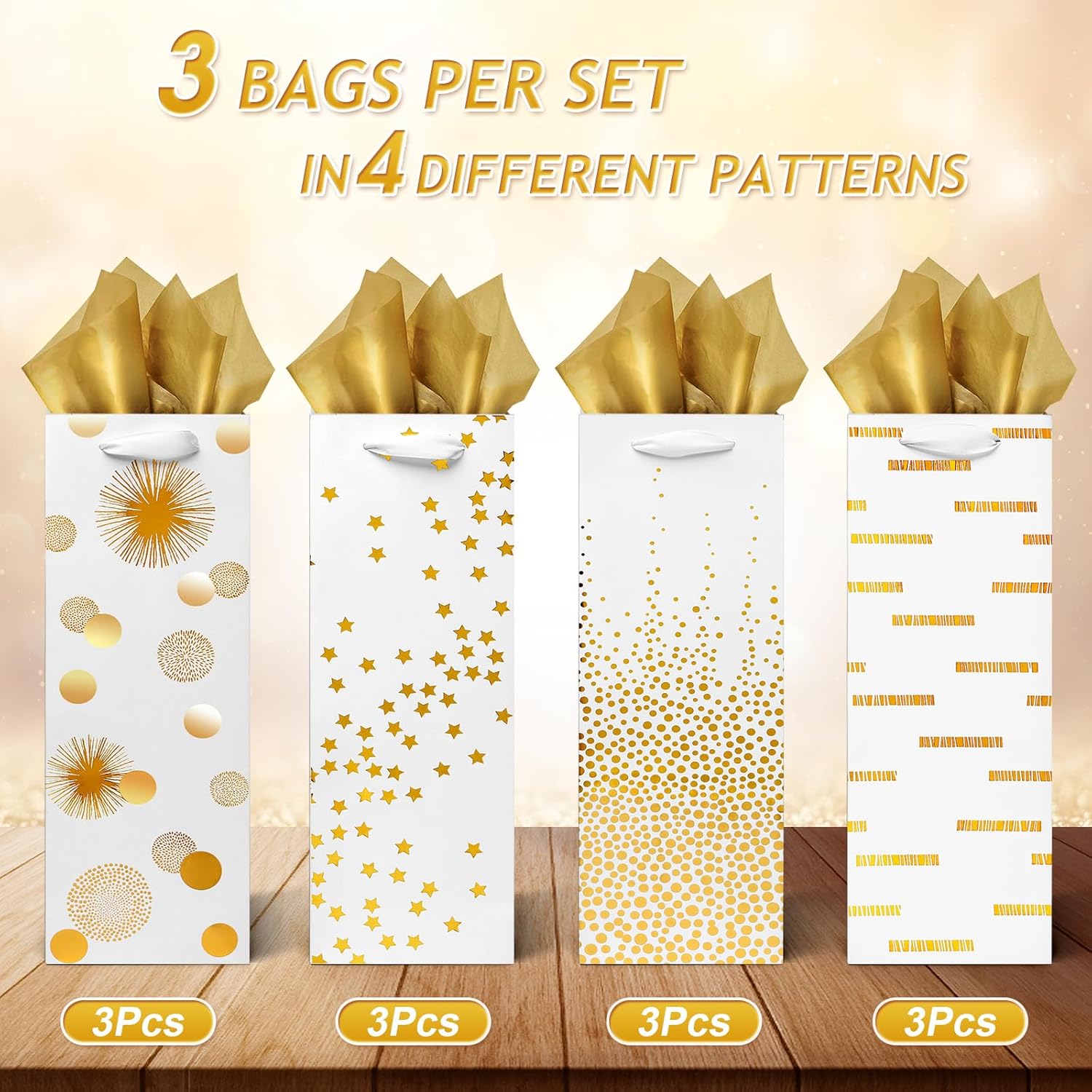 Carnation Wine Bags – 12 Pack Gold Foil Wine Bottle Gift Bags for Special Occasions (14Inch, Gold)