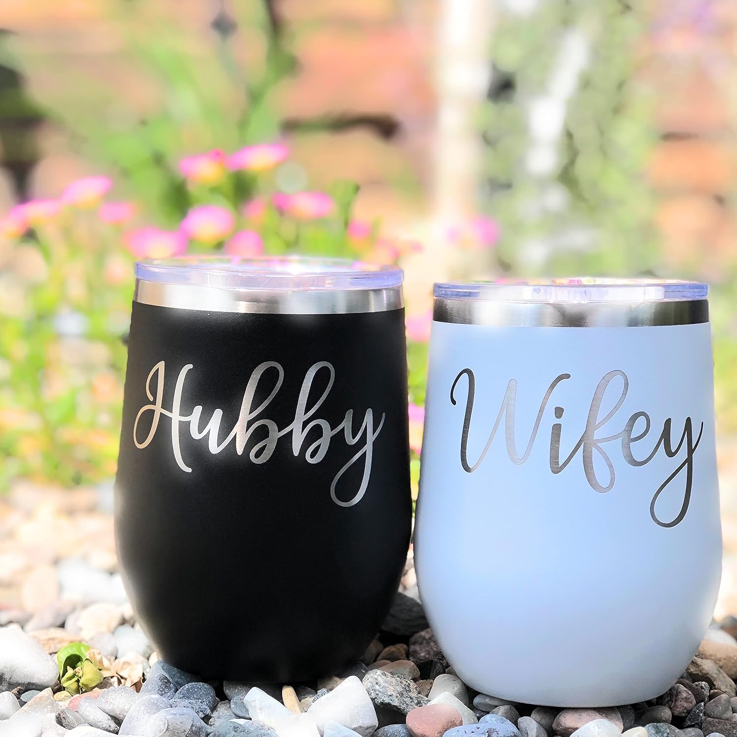 Wifey & Hubby 12 oz. Insulated Wine Glasses Set – Modern Engraved Wedding Gift Drinking Tumblers Couples Gifts Black/White, Wine Glass Set and Wedding Essentials