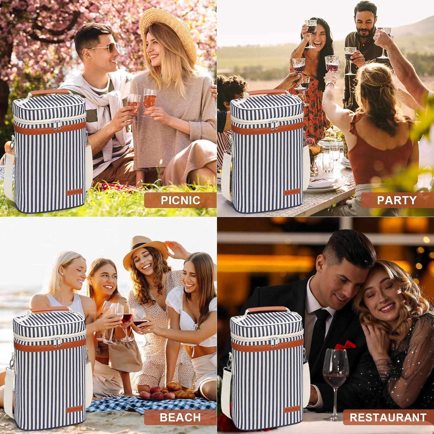 2 Bottle Wine Bag Wine Cooler Carrier Wine Gift Tote Bag, Leakproof & Insulated Bottle Bags for Travel, BYOB, Beach, Dinner, Party, Christmas Gifts for Wines Lovers Women Men – Navy Stripe