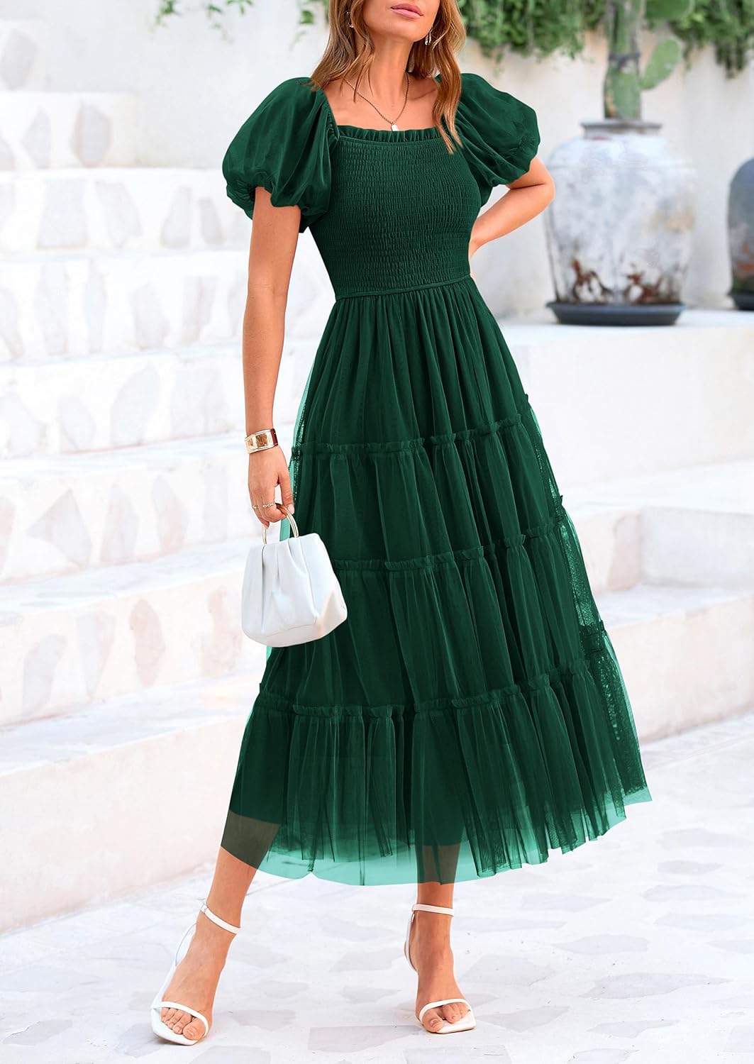 PRETTYGARDEN Women’s Smocked Midi Tulle Dress 2025 Summer Puffy Short Sleeve Square Neck Ruffle Wedding Guest Party Dresses