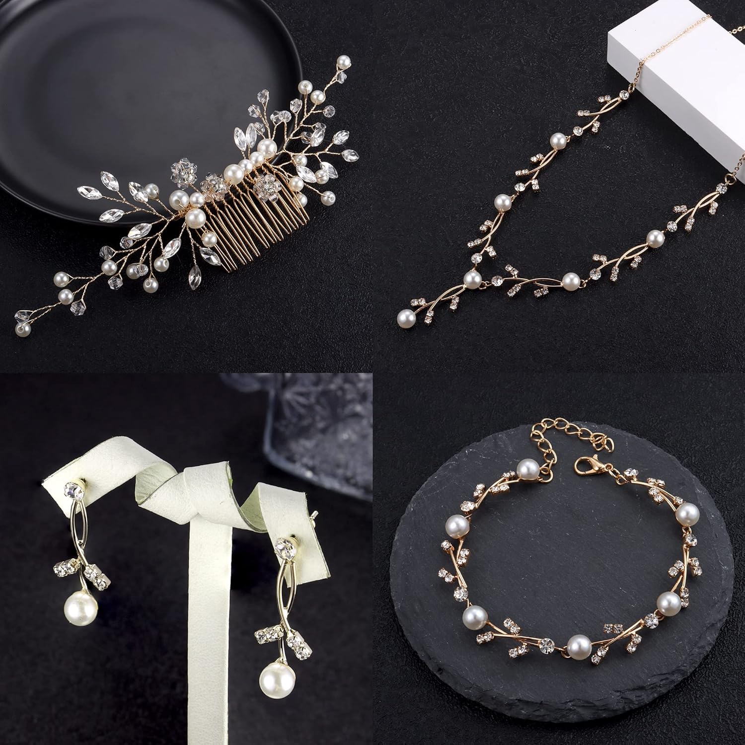 YADOCA Pearl Prom Jewelry Set For Women Pearl Rhinestone Drop Necklace Earring Bracelet Hair Pins Prom Bride Bridesmaid Wedding Bridal Jewelry Accessories Silver Gold Rose Gold