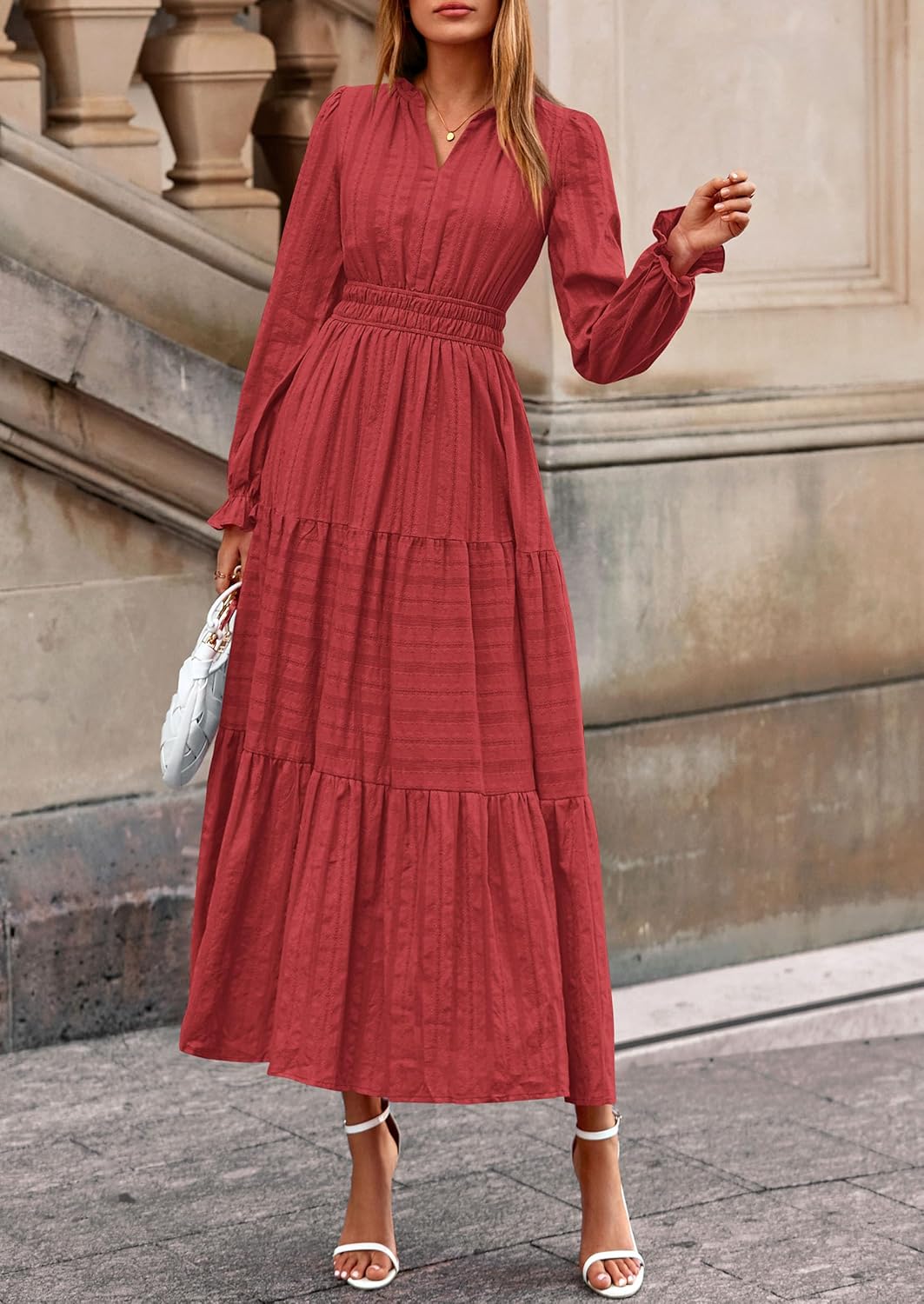 PRETTYGARDEN Womens 2025 Fall Wedding Guest Dresses Long Sleeve V Neck Flowy Elegant Holiday Party Maxi Dress with Pockets