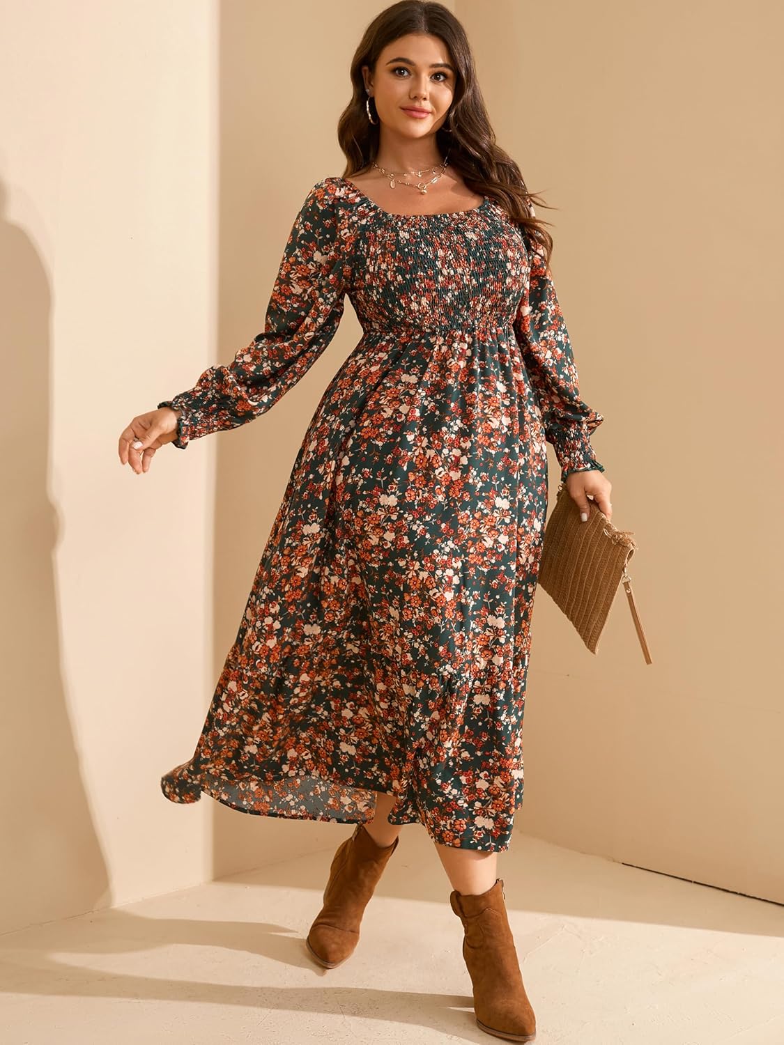 RWJ Women’s Plus Size Fall Dress Long Sleeve Square Neck Floral Print Smocked A Line Boho Flowy Maxi Dresses with Pockets