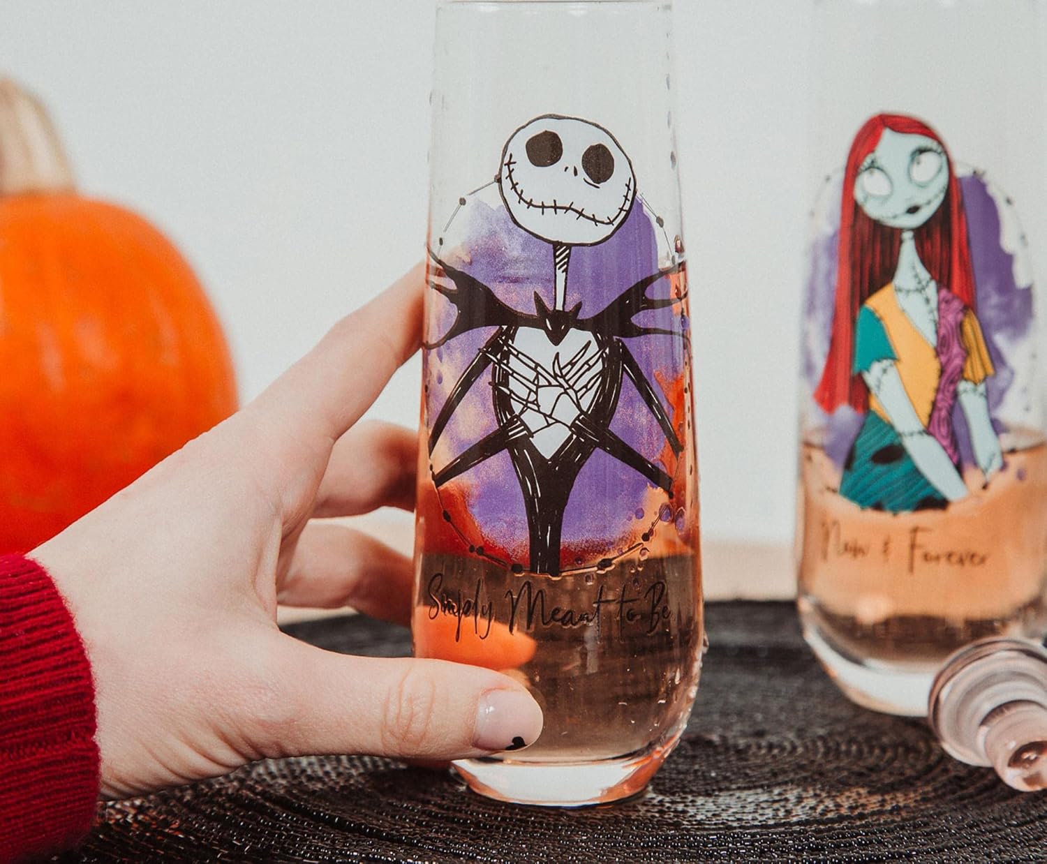 Nightmare Before Christmas Disney The Jack and Sally Stemless Fluted Glassware, Set of 2 | Toasting Champagne Glass Cups For Wine, Mimosas | Home Barware Decor, Kitchen Essentials, Housewarming Gifts