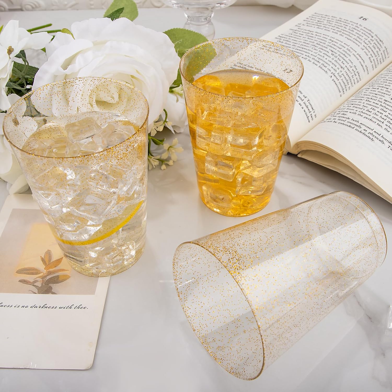 I00000 200 Pack 12 oz Gold Glitter Plastic Cups, Clear Disposable Cups, Disposable Plastic Wine Glasses Cocktail Glasses Premium Cups, 12 Ounce Glitter Tumblers for Party & Wedding