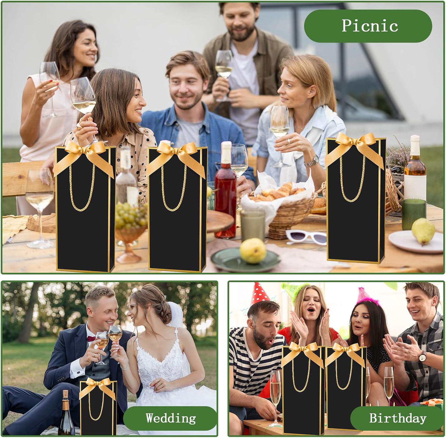 Engrowtic 24 Pcs Wine Gift Bag with Ribbon Bow Reusable Liquor Bag with Foil Print Elegant Thank You Gift for Christmas Valentine Wedding Shower Birthday Holiday (Black Gold)