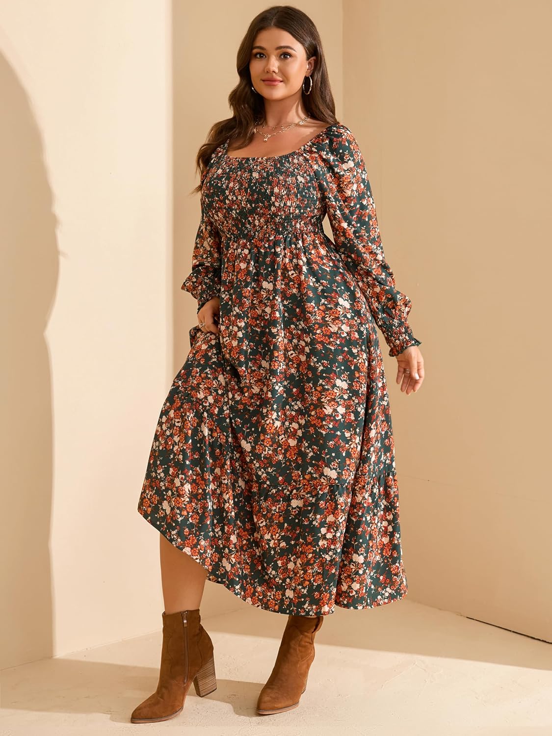 RWJ Women’s Plus Size Fall Dress Long Sleeve Square Neck Floral Print Smocked A Line Boho Flowy Maxi Dresses with Pockets