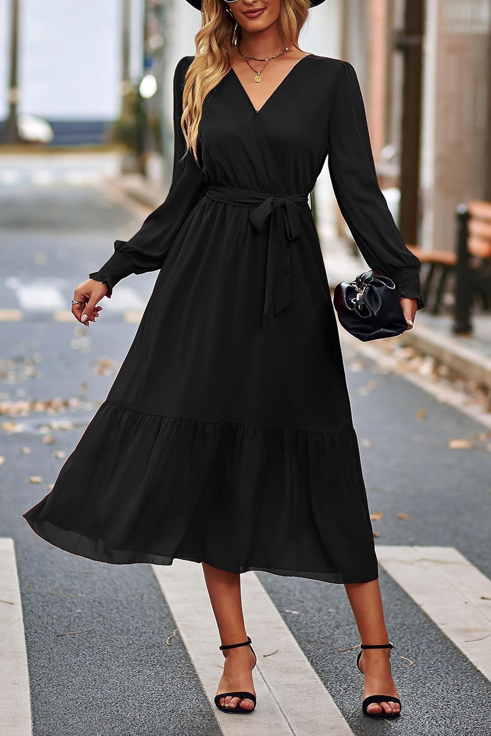 PRETTYGARDEN Womens Floral Boho Dress Fall Long Sleeve Wrap V Neck Ruffle Flowy Maxi Spring Wedding Guest Vacation Dresses