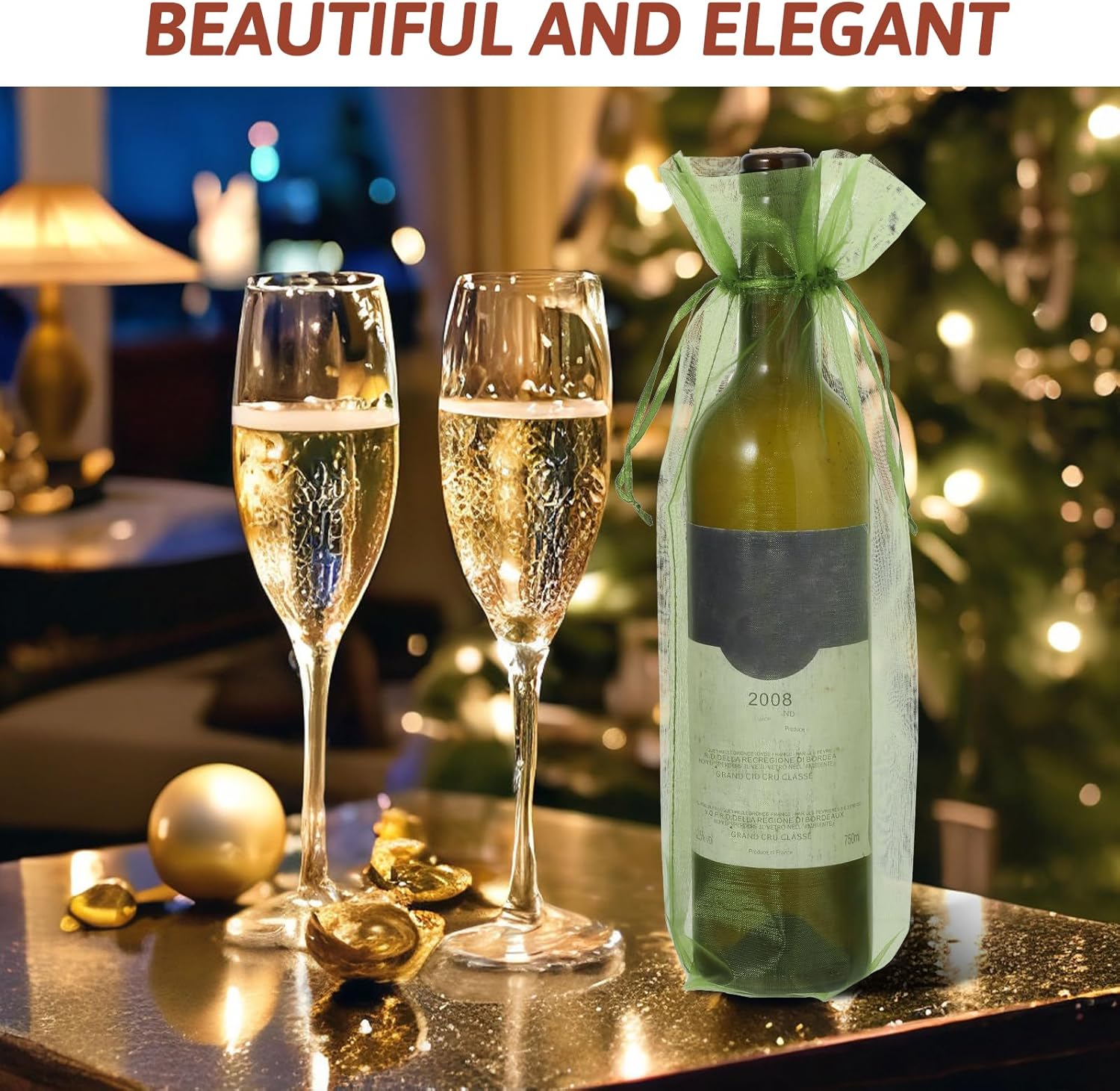 cobee 70 Pcs Organza Wine Bags, Sheer Mesh Wine Gift Pouches 14.6 x 5.5 inches Bottle Covers Drawstring Gift Wrap Bags Dresses for Wedding Tasting Party Favors Samples Display Decoration Christmas
