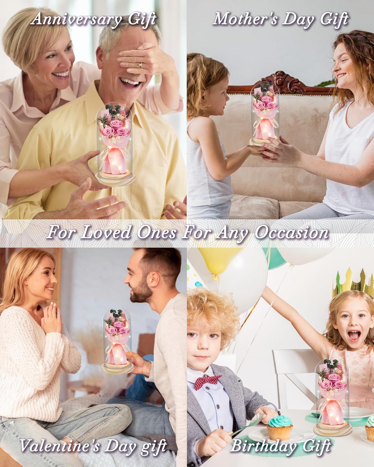 HVY Preserved Flowers Gifts for Her,Preserved Rose Bouquet in Glass Dome,Forever Flowers Fresh Bouquet Present for Women Mothers Day Birthday Gifts for Mom Wife Grandma,Pink Real Rose