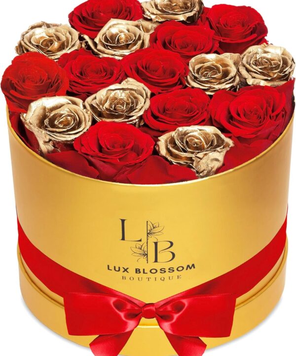 17 Forever Roses in a Box - Luxury Red & Gold Preserved Roses, Gold Roses, Eternal Sparkling Roses Bouquet, Forever Flowers, Birthday Gifts for Wife, Flowers for Delivery Prime
