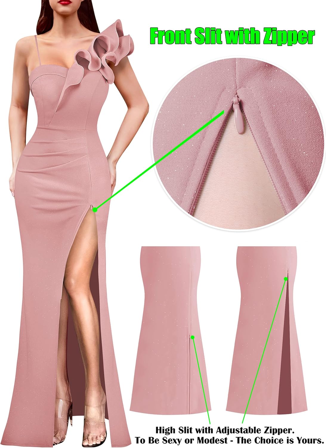 VFSHOW Womens Ruffle One Shoulder Strap Ruched Formal Prom Wedding Maxi Dress V Neck Elegant Split Cocktail Evening Long Gown