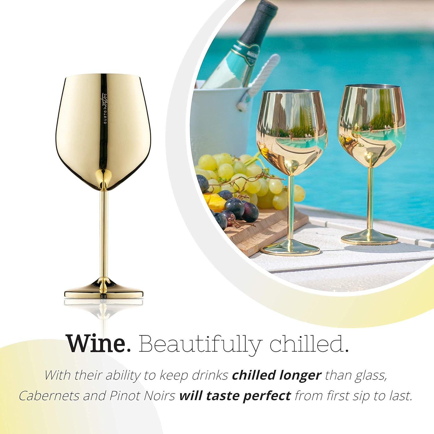 Gusto Nostro Stainless Steel Wine Glass – 18 oz Unbreakable Gold Wine Glasses for Travel, Camping and Pool – Fancy, Unique and Cute Portable Metal Wine Glass for Outdoor Events, Picnics (Set of 2)