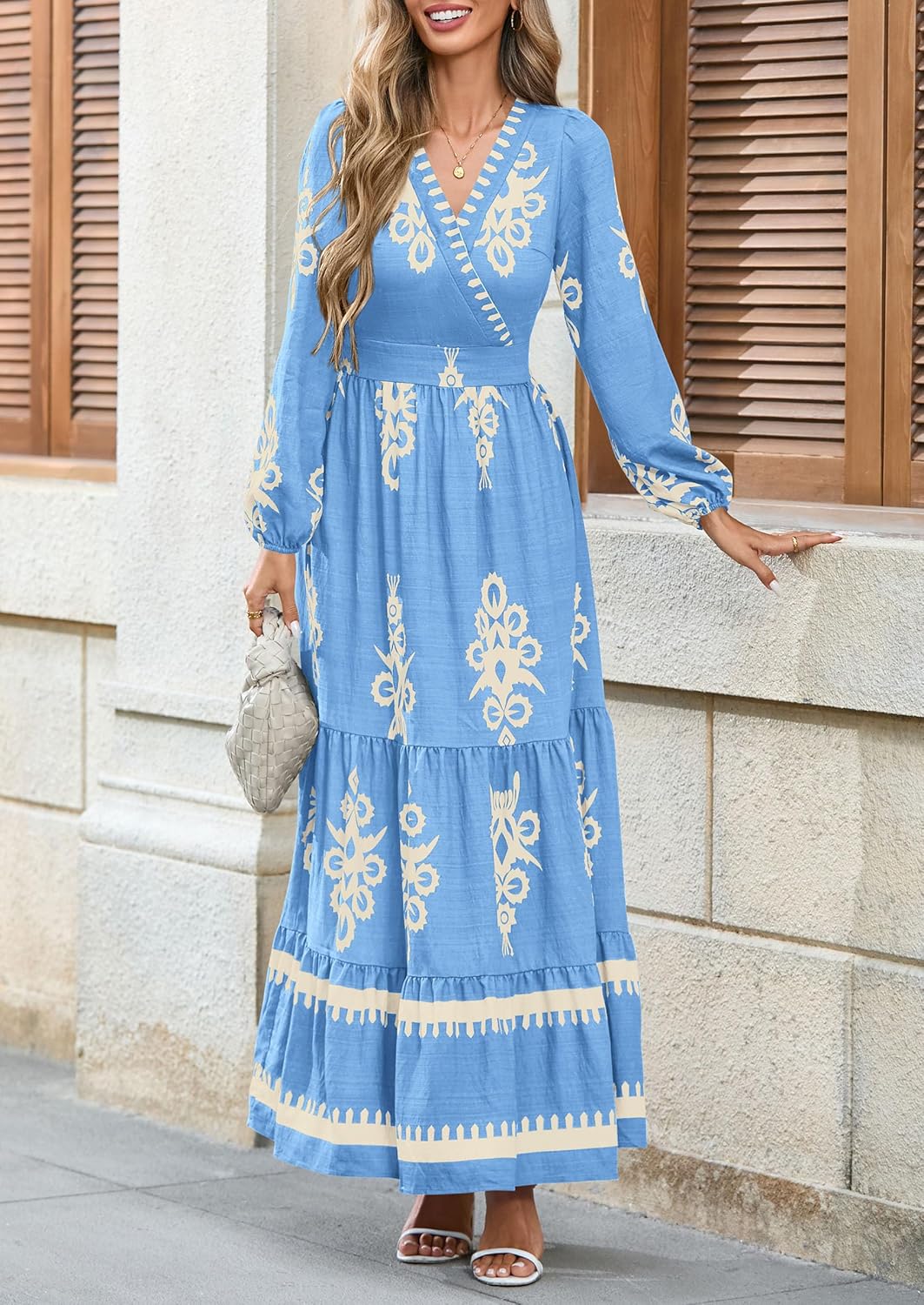 PRETTYGARDEN Womens 2025 Fall Wedding Guest Dresses Boho Floral Long Sleeve V Neck Flowy Elegant Maxi Dress Beach Clothes