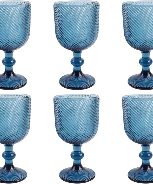 Blue Water Goblets Glassware Vintage Wine Glasses set of 6 Stem Glasses Drinking Stemware 12 Ounces for Wedding Party Bar Twill pattern 350 ml