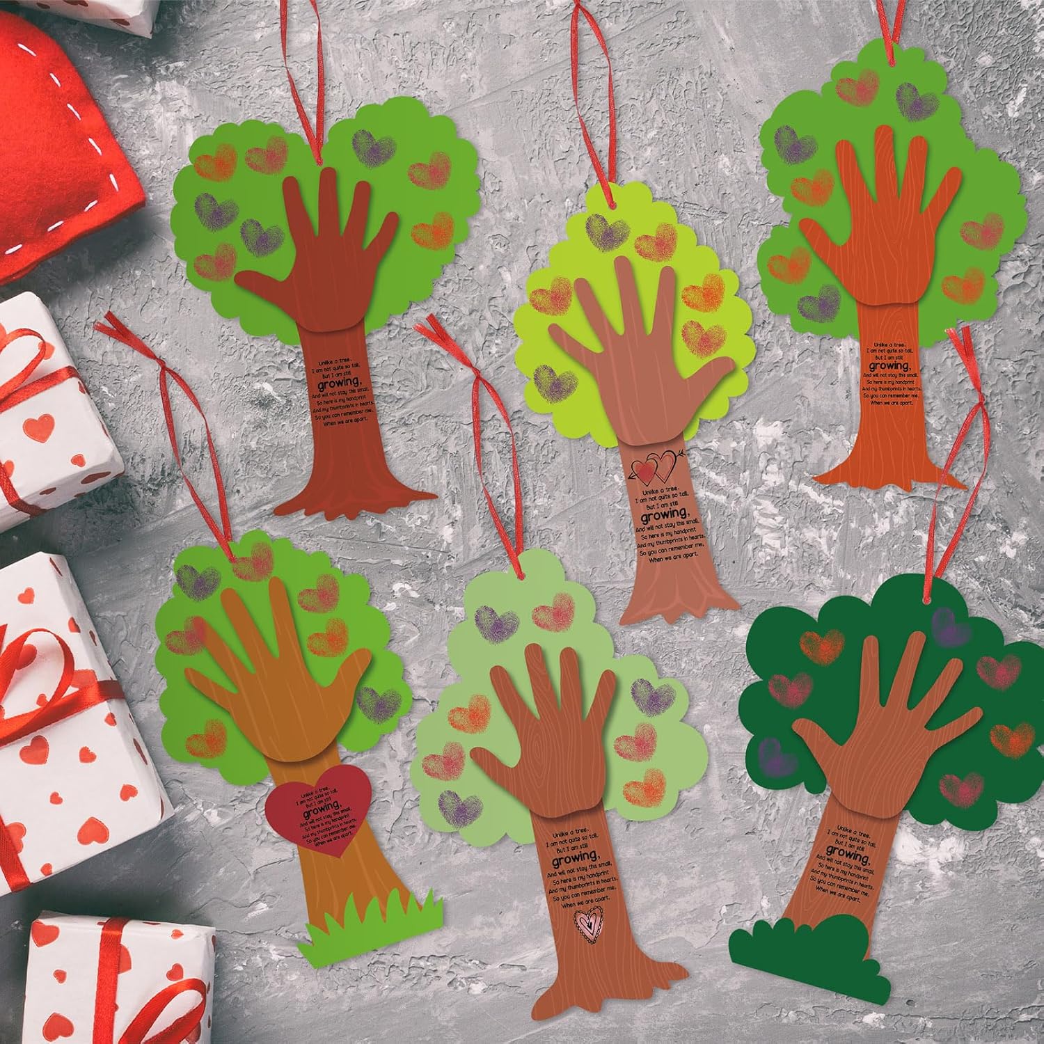 Menkxi 30 Set Valentine Tree Thumbprint Sign Craft Kit, DIY Poem Sign Craft for Art Project, Family Activity, Valentines Day Decoration, 6 Styles