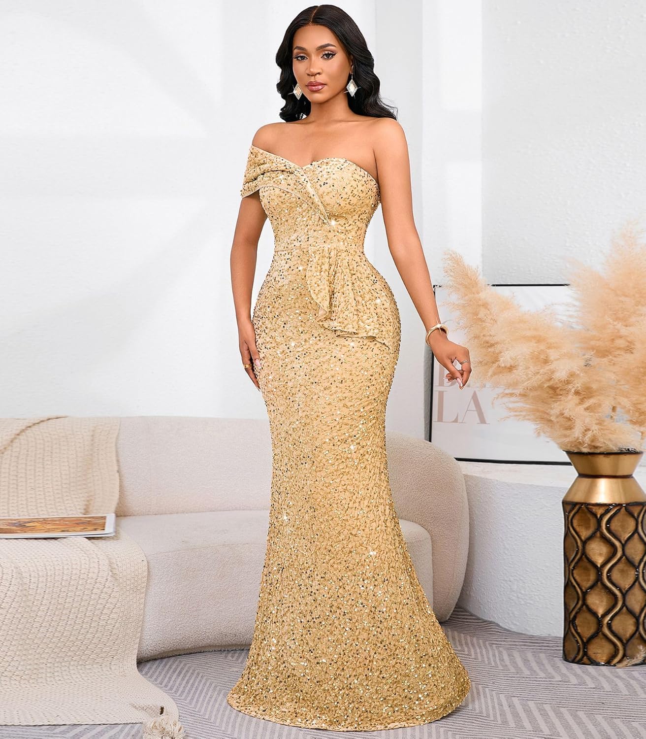 Cololura Women Sexy Sequin One Shoulder Mermaid Formal Party Cocktail Gowns Bodycon Evening Maxi Dress