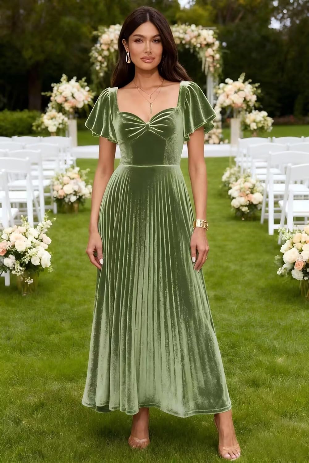 Flutter Sleeve Velvet Bridesmaid Dresses 2025 Pleated A Line Long Formal Evening Party Gowns