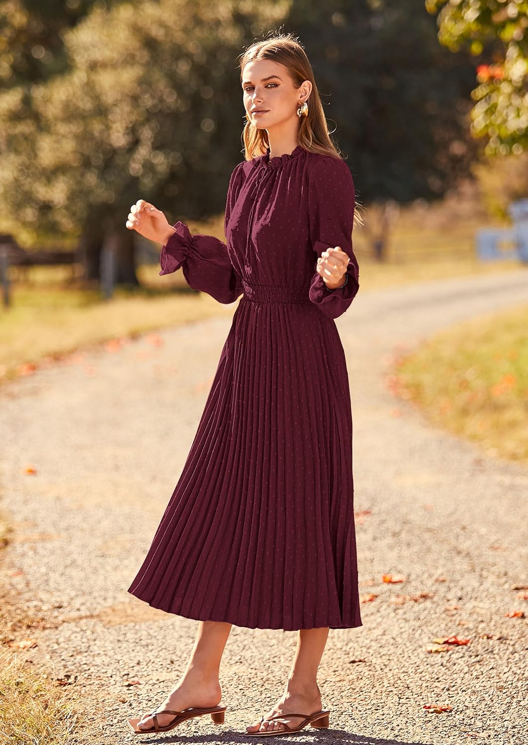 PRETTYGARDEN Womens 2025 Spring Fall Midi Dress Casual Long Sleeve V Neck Swiss Dot Pleated A Line Flowy Dresses