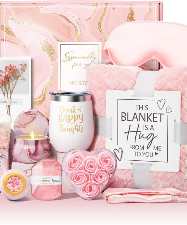 Birthday Gifts for Women Self Care Gifts Get Well Soon Gifts, Rose Relaxing Spa Gifts Basket Care Package w/ Luxury Flannel Blanket, Unique Christmas Gifts for Mom Her Friend Sister Wife Grandma