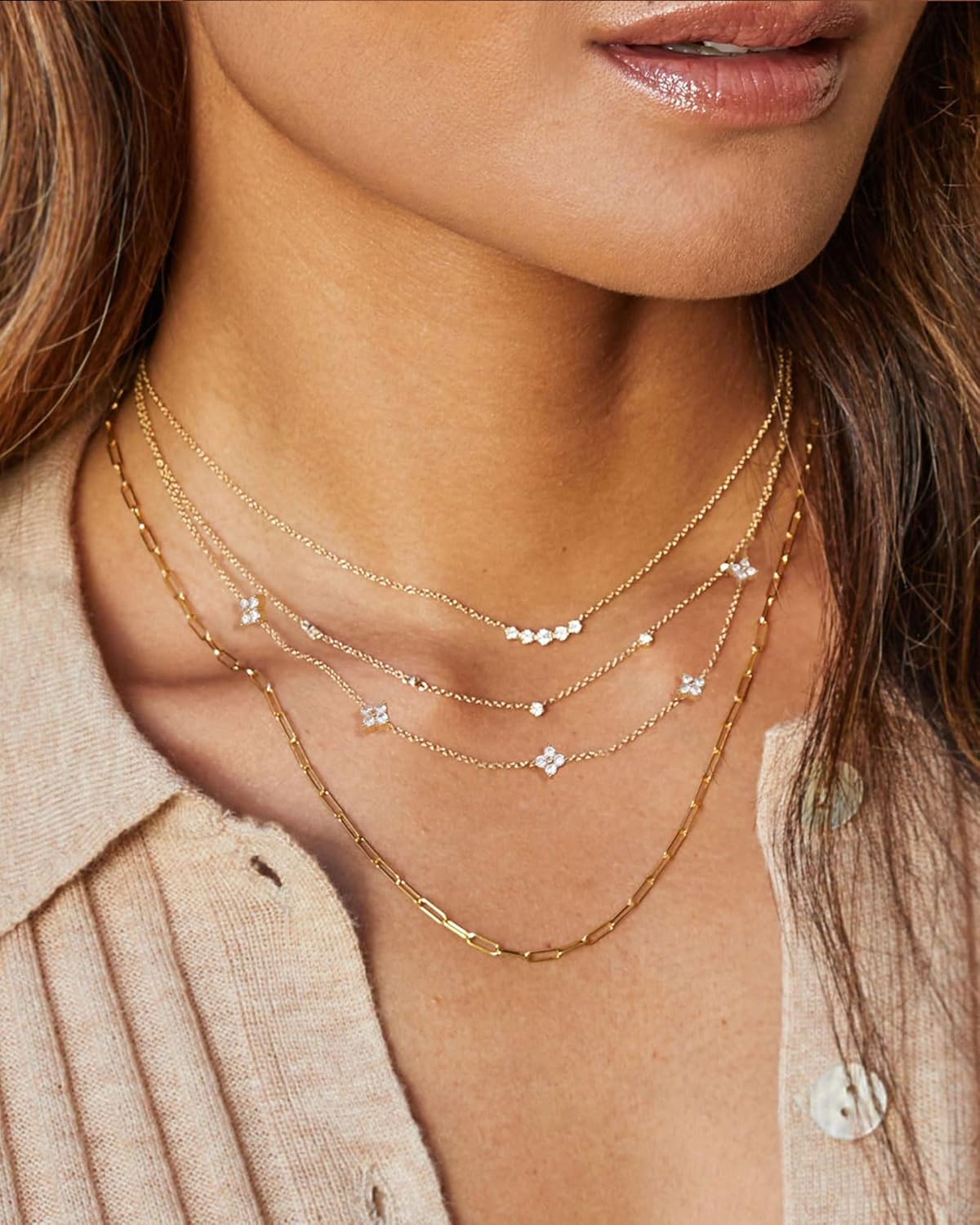 FUNEIA Dainty Silver Gold Necklaces for Women Trendy Non Tarnish 14K Gold Plated Cubic Zirconia Necklace Layered Cute Butterfly Heart Station Choker Necklace Stack for Wedding Prom Brides Jewelry