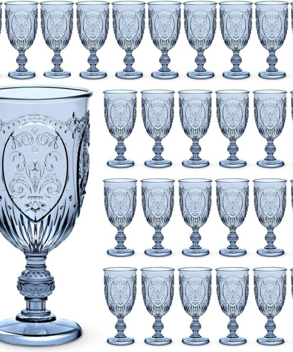 48 Pcs Plastic Goblets 7.5oz Vintage Goblet Plastic Wine Glasses Colored Retro Embossed Water Goblets for Wine Bar Juice Baby Shower Wedding Reception Grand Event Party (Blue)