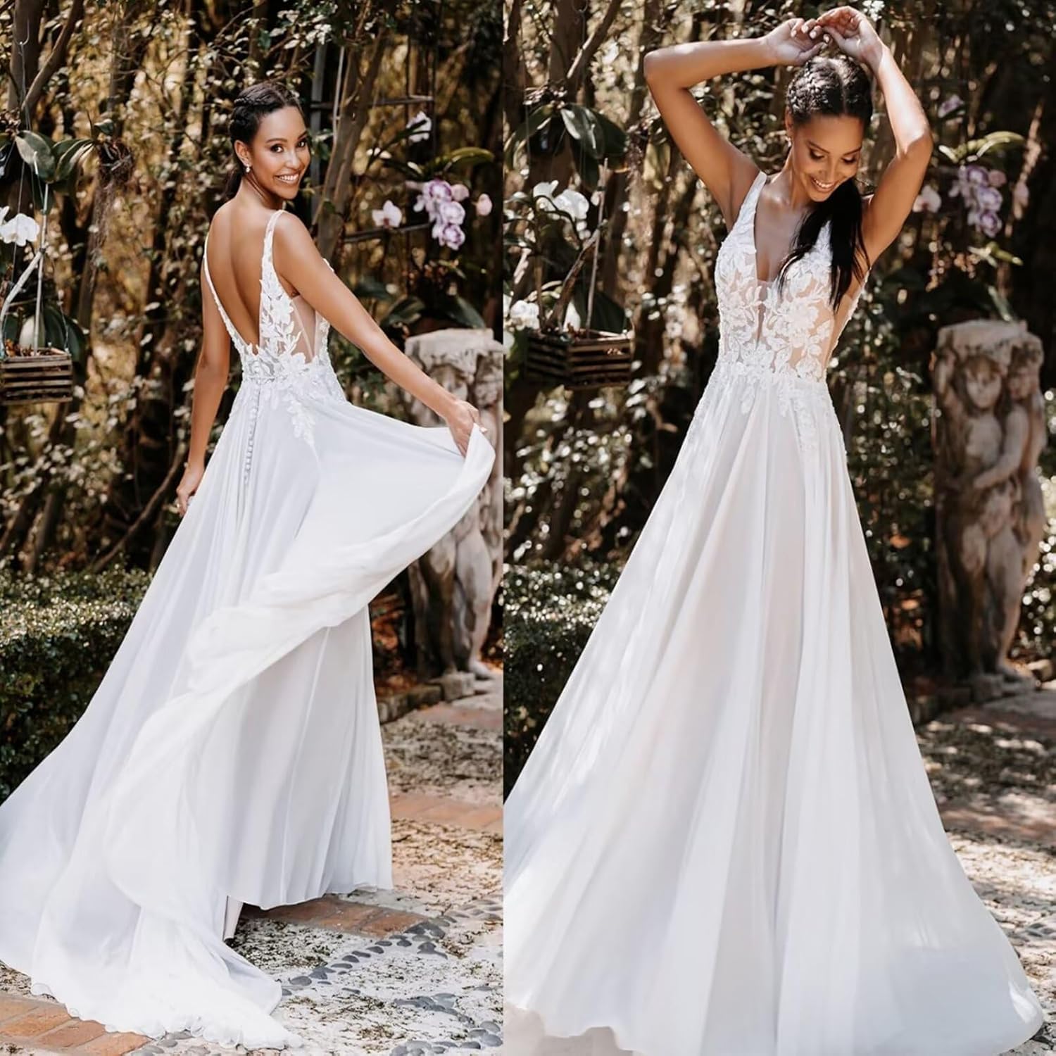 Chiffon Spaghetti Straps Wedding Dresses for Bride Lace Applique V Neck A Line Sparkly Bridal Gown with Train