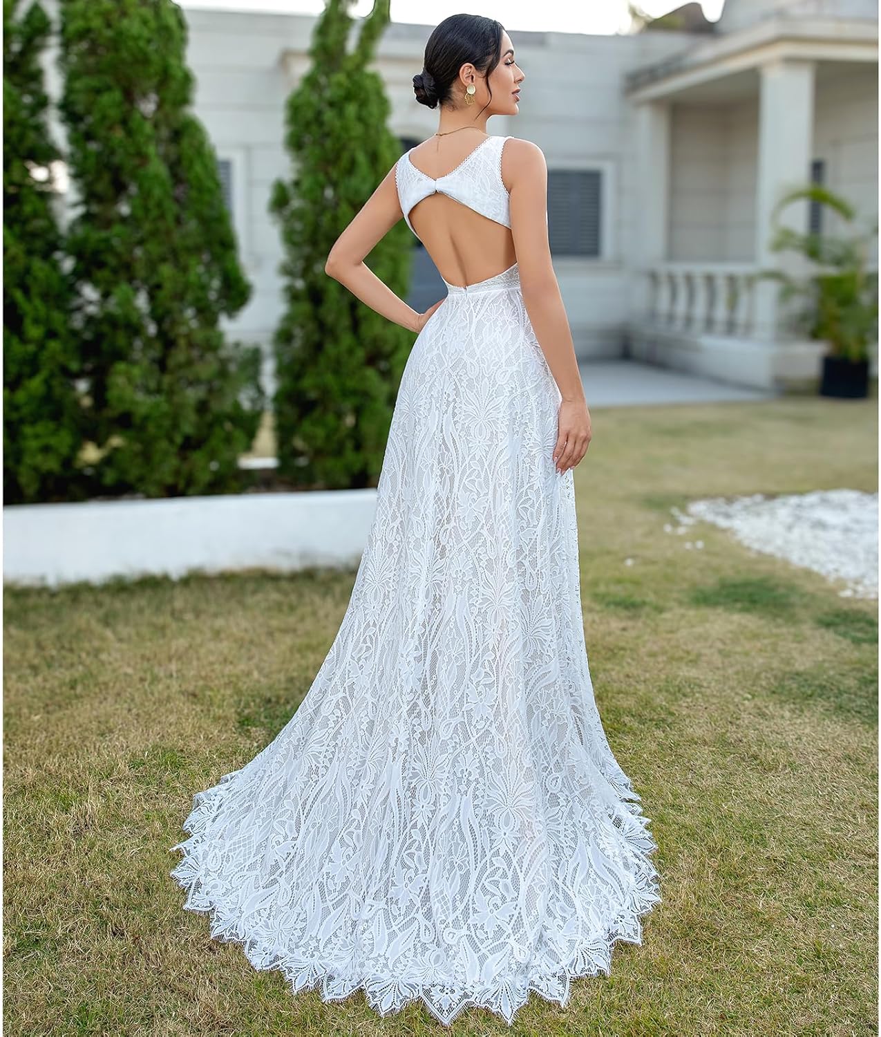 WIOJEIGO Women’s Lace Boho Wedding Dress for Bride with Double Shoulders 2025 Bohemian Long A-Line Beach Bridal Gowns