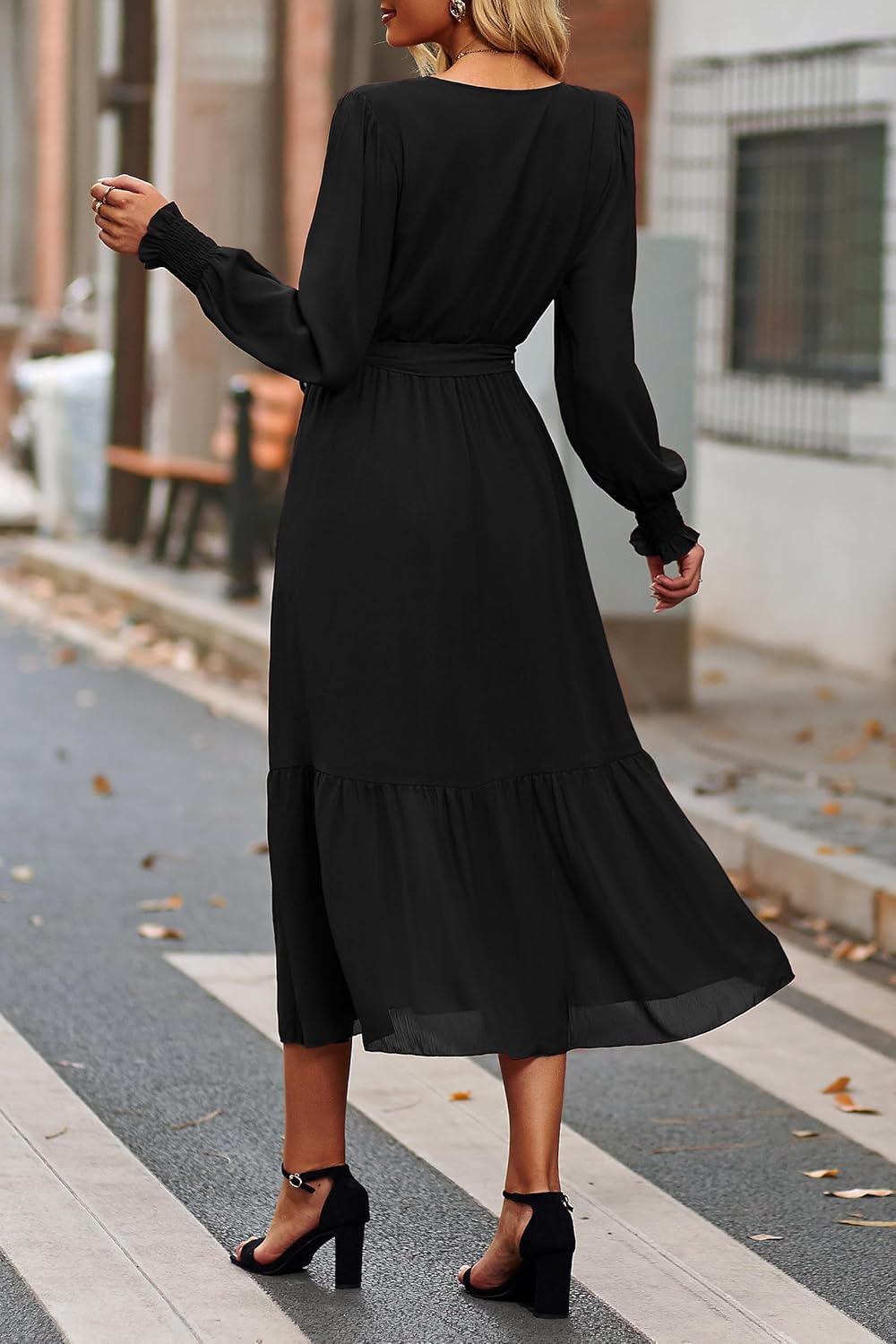 PRETTYGARDEN Womens Floral Boho Dress Fall Long Sleeve Wrap V Neck Ruffle Flowy Maxi Spring Wedding Guest Vacation Dresses