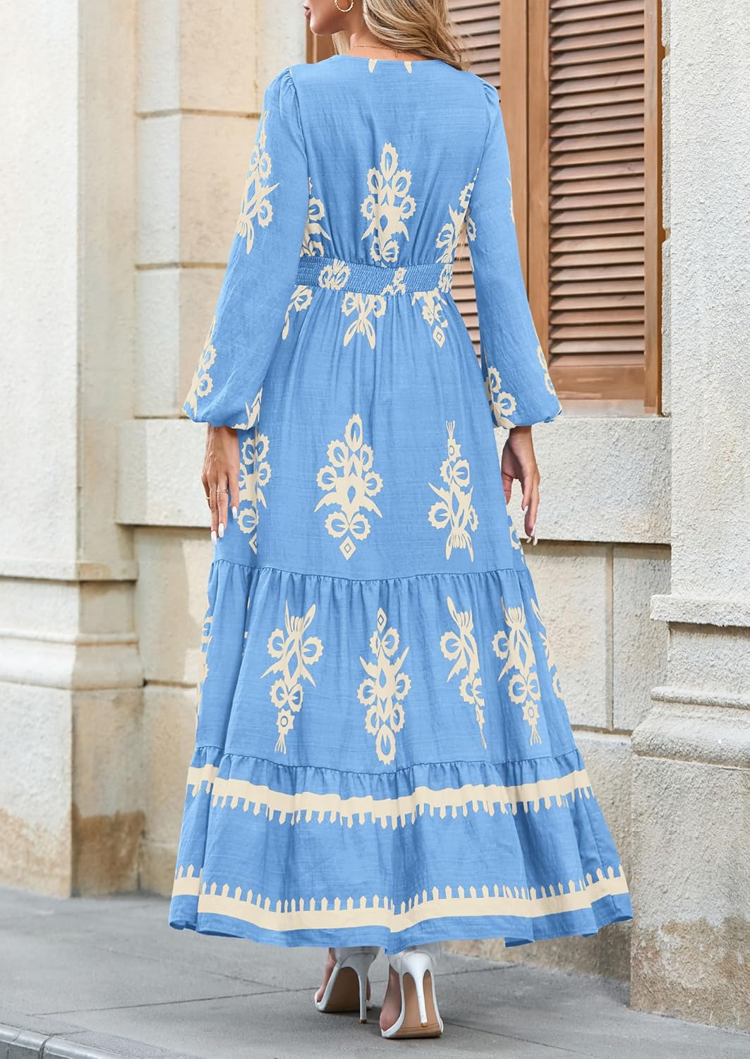 PRETTYGARDEN Womens 2025 Fall Wedding Guest Dresses Boho Floral Long Sleeve V Neck Flowy Elegant Maxi Dress Beach Clothes