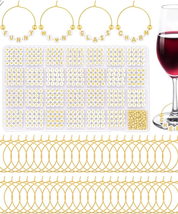 50 Set Personalized Wine Glass Charms for Stem Glasses, Includes 50 Wine Charm Rings, 100 Golden Beads, 810 Letter Beads, 1 Tweezer, Champagne Glass Markers for Party Birthday Wedding Christmas