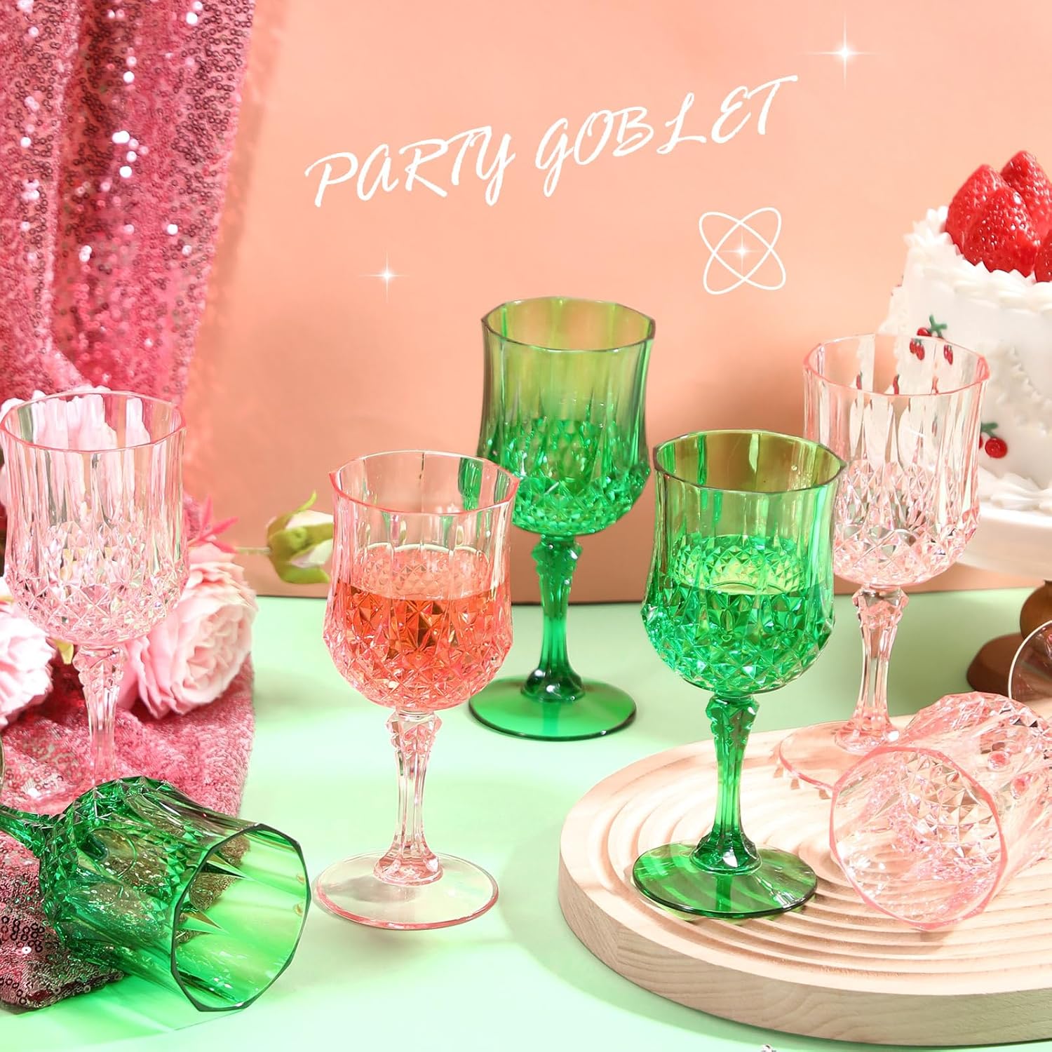 LemonRoad 12 Pcs Pink and Green Plastic Wine Glasses Christmas Party Vintage Plastic Goblets Drinking Glasses for Wedding Reception Bridal Showers Grand Event Party Supplies