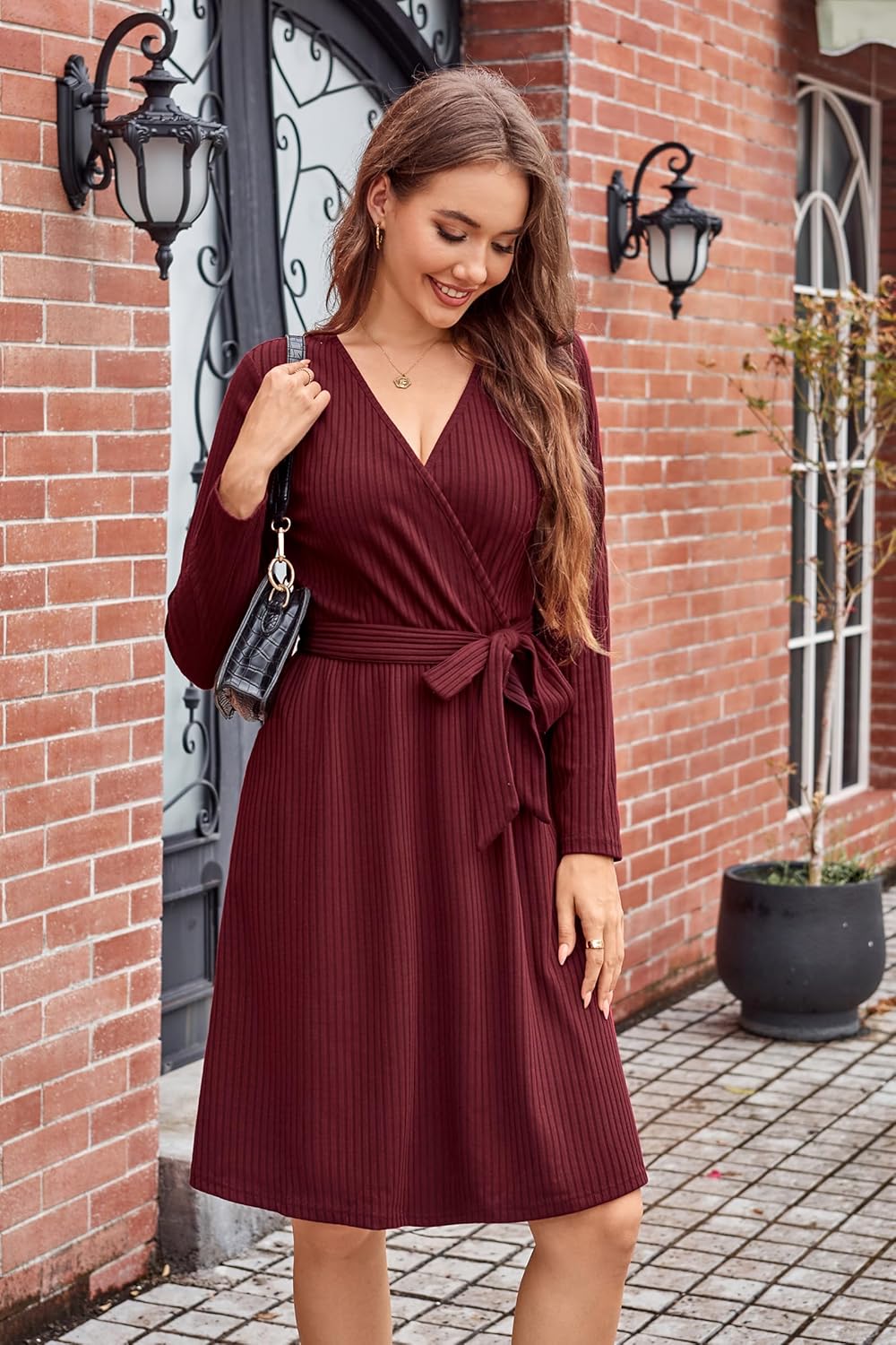 Newshows Womens 2025 Fall Dresses Teacher Church Business Casual Work Outfits Knit Midi Sweater Pockets Belt Dress