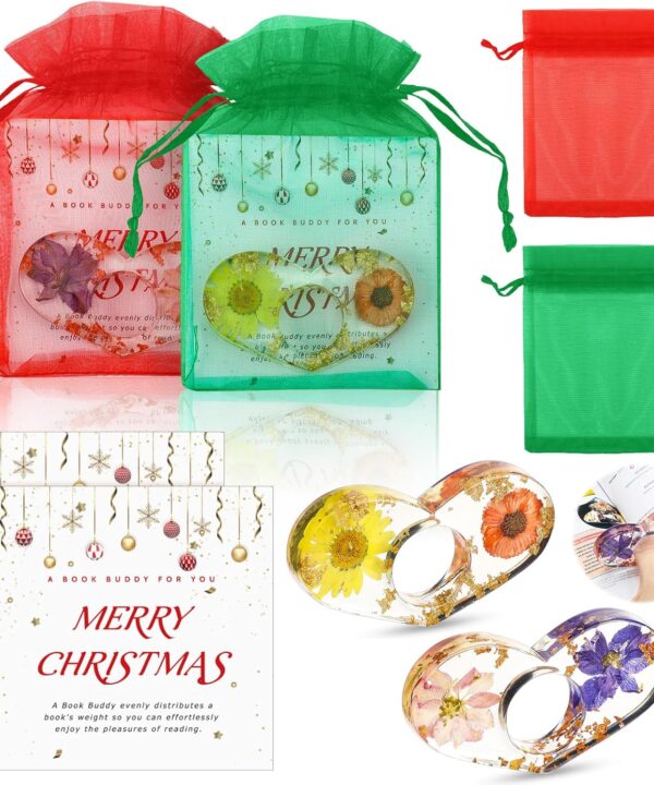 2 Sets Christmas Book Page Holder 2 Pcs Dried Flower Resin Thumb Ring Book Page Holder 2 Pcs Christmas Greeting Cards 2 Organza Bags with Drawstring Reading Accessories for Book Lovers Gifts (Heart)