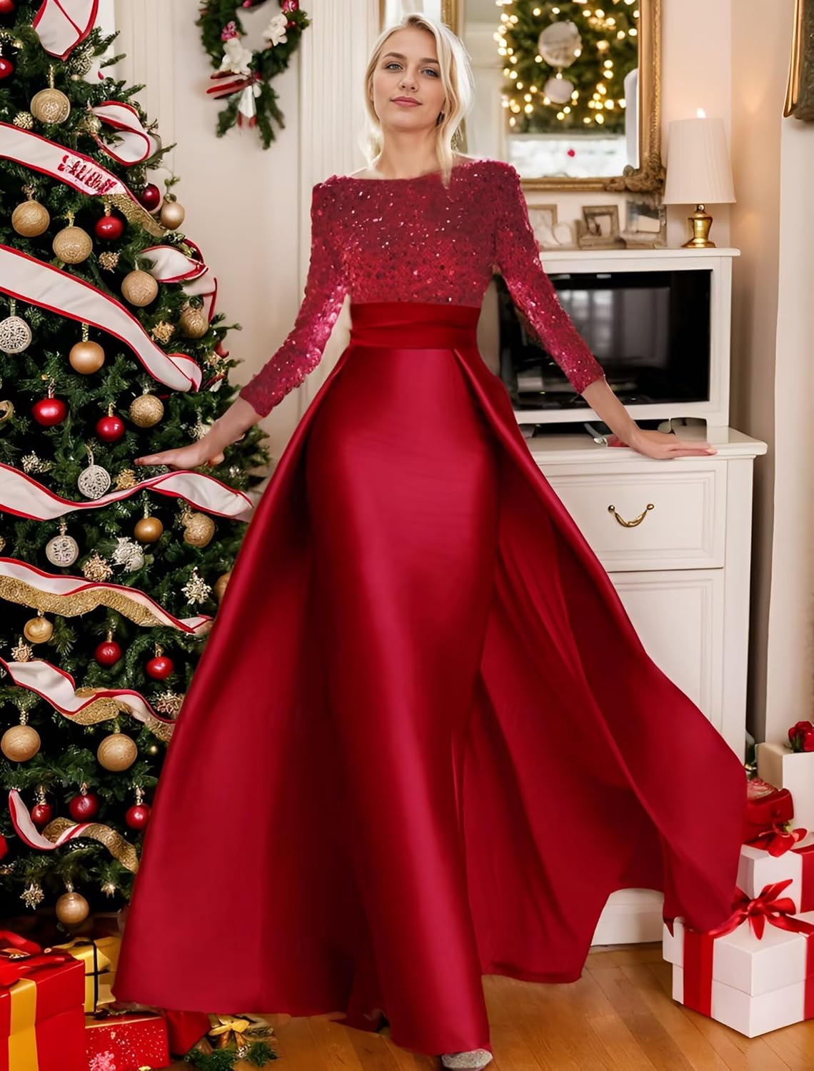 Long Sleeve Prom Dresses for Women Sparkly Sequin Evening Gowns Boat Neck Satin Formal Dress Overskirt