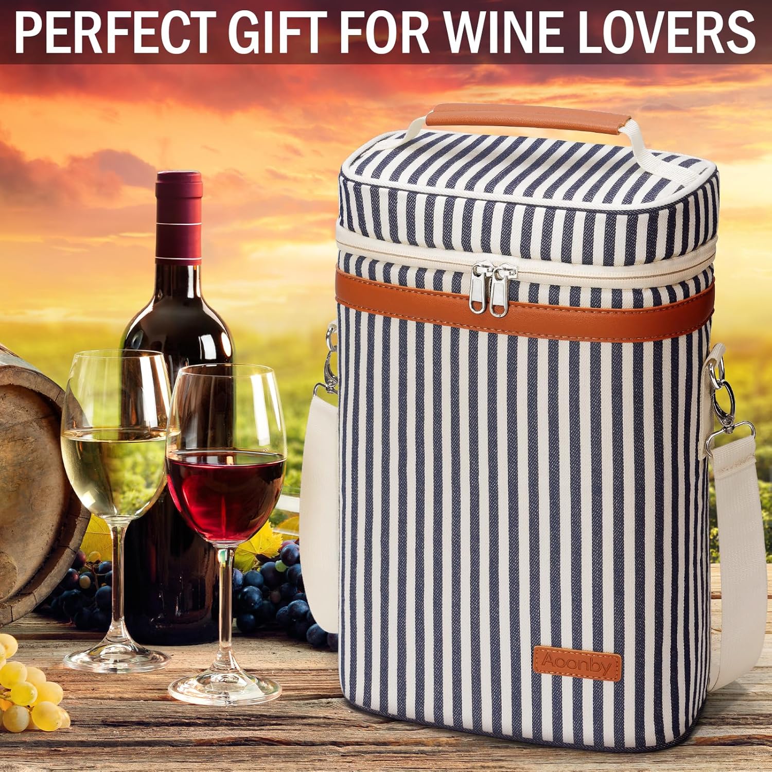2 Bottle Wine Bag Wine Cooler Carrier Wine Gift Tote Bag, Leakproof & Insulated Bottle Bags for Travel, BYOB, Beach, Dinner, Party, Christmas Gifts for Wines Lovers Women Men – Navy Stripe