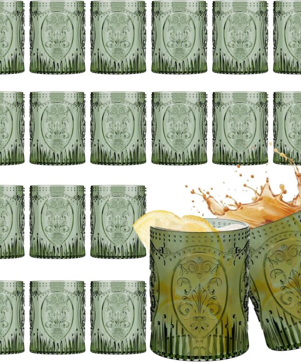 24 Plastic Vintage Drinking Glasses 8.5oz Stemless Retro Embossed Wine Glasses Shatterproof Reusable Cups for Baby Shower Wedding Reception Grand Event Party (Dark Green)