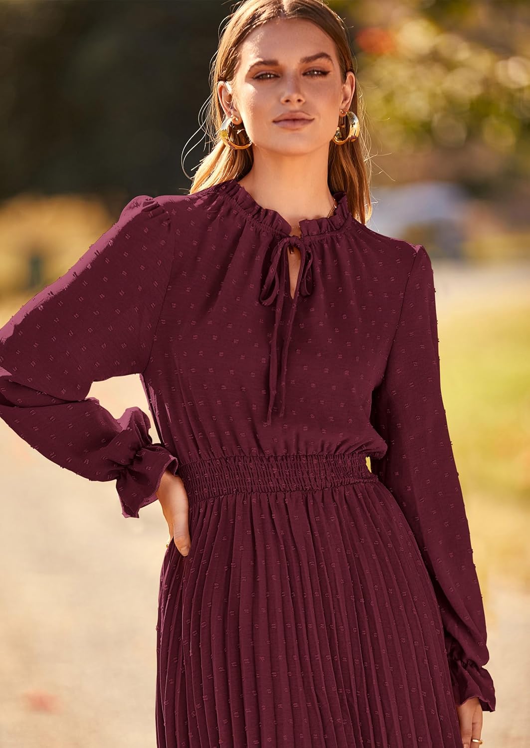 PRETTYGARDEN Womens 2025 Spring Fall Midi Dress Casual Long Sleeve V Neck Swiss Dot Pleated A Line Flowy Dresses