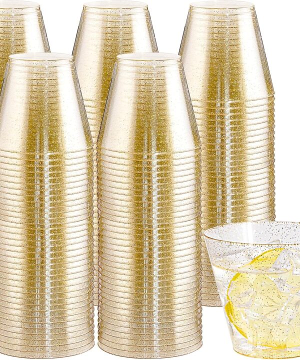 I00000 200pcs Gold Plastic Cups - 9 OZ Hard Gold Glitter Disposable Cups for Cocktail & Drinking - Premium Disposable Plastic Glasses with Gold Glitter for Fancy Wedding Cups Elegant Party Glasses