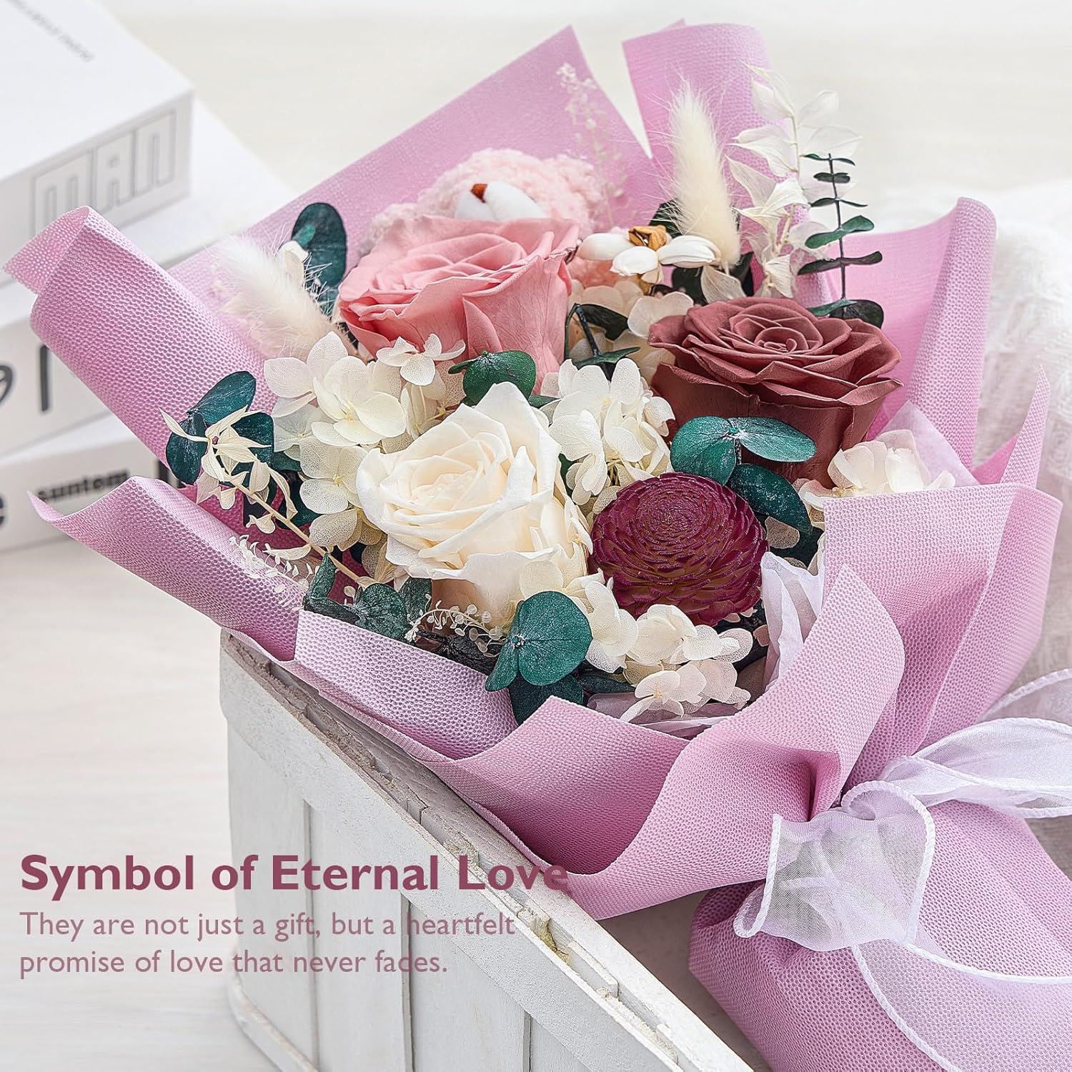 Polylove Forever Flower Bouquet Flowers for Delivery Prime Preserved Roses with Bear Gift Box for Wife Women Mother Day Anniversary Birthday (Purple)