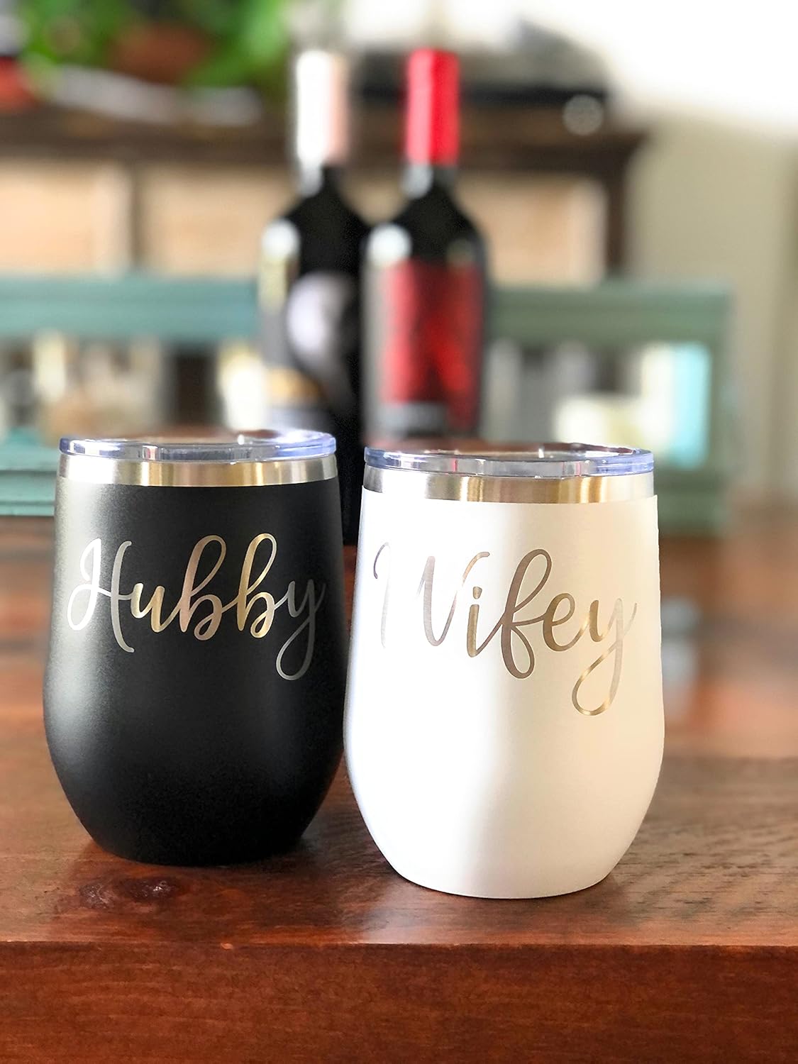 Wifey & Hubby 12 oz. Insulated Wine Glasses Set – Modern Engraved Wedding Gift Drinking Tumblers Couples Gifts Black/White, Wine Glass Set and Wedding Essentials