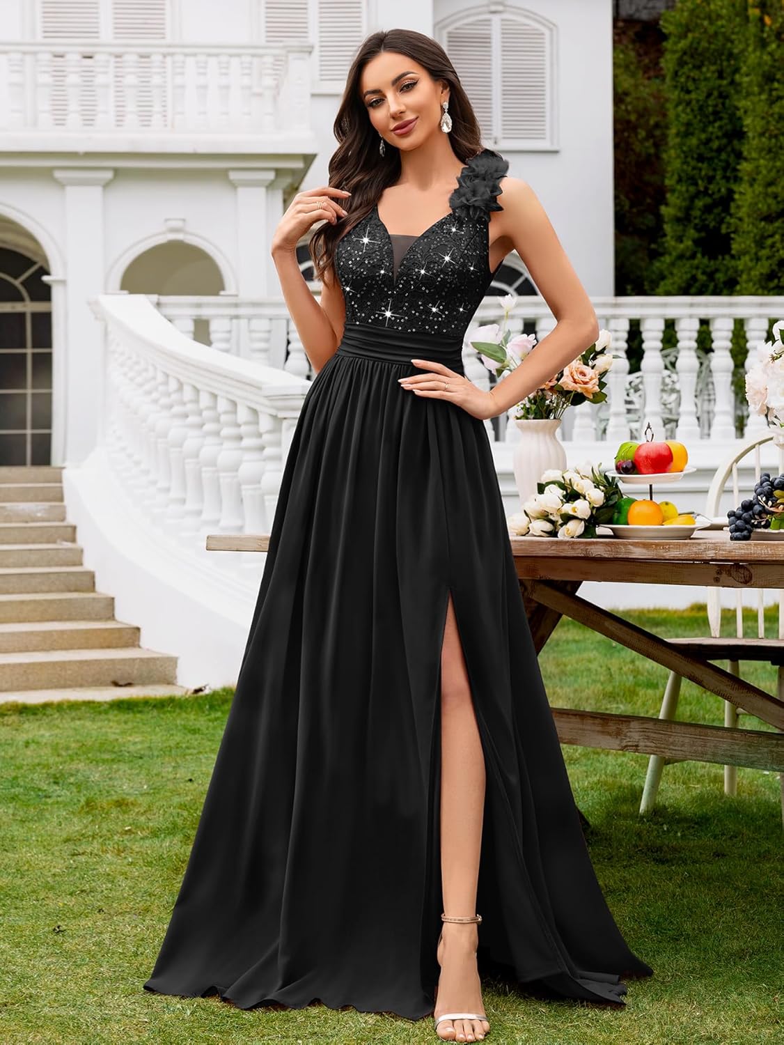 Miusol Womens Vintage V-Neck Sleeveless Sequined Split Formal Evening Maxi Dress