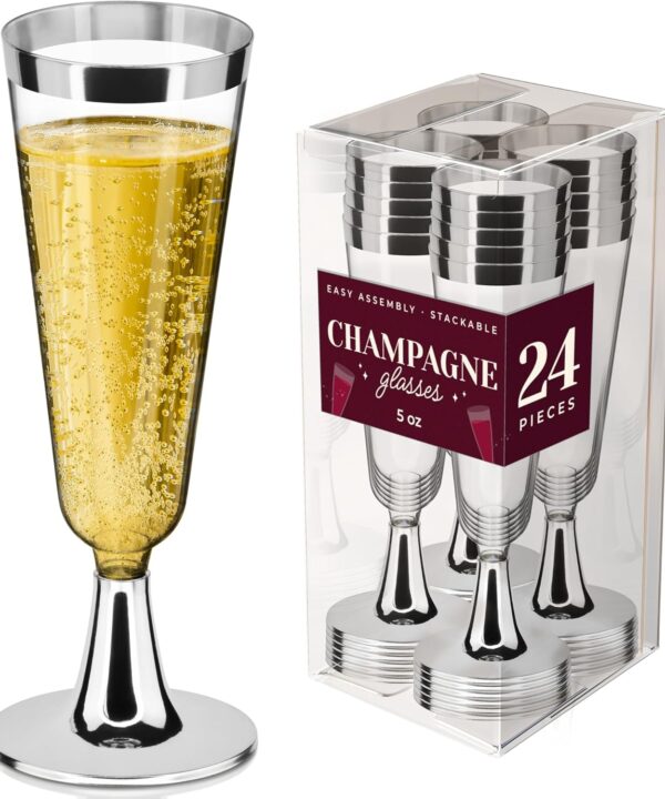 DecorRack 24 Plastic Champagne Flute, 5 Oz -BPA Free- Disposable Wine Glass, Perfect for Outdoor Parties, Weddings, Hosting, Stackable, Reusable, Silver (24 Pack)