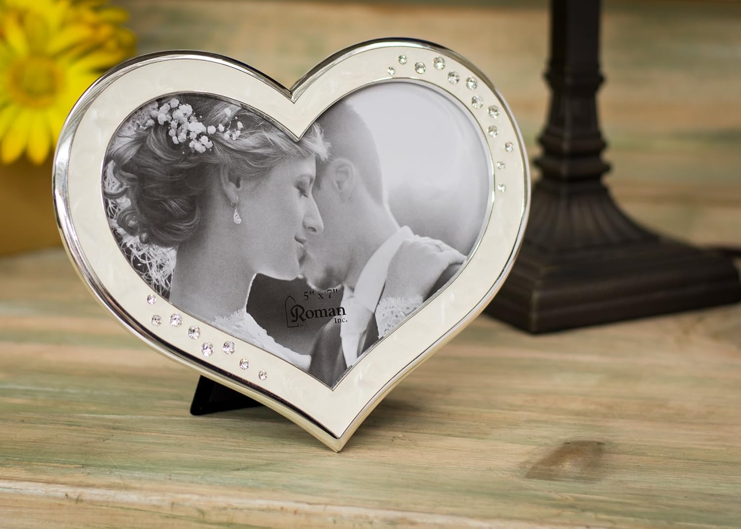 Clustered Rhinestones Heart Shaped 6.5 x 8 inch Zinc Alloy Table Top Photo Frame,Ivory