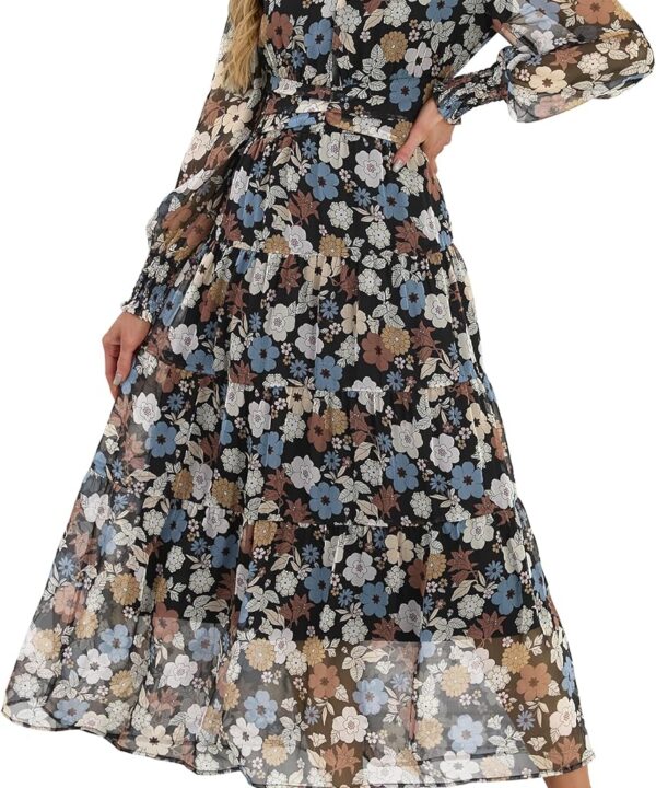 ANRABESS Womens Floral Long Sleeve Maxi Dress V Neck Chiffon Flowy Boho A-Line 2025 Fall Wedding Guest Party Wrap Dresses