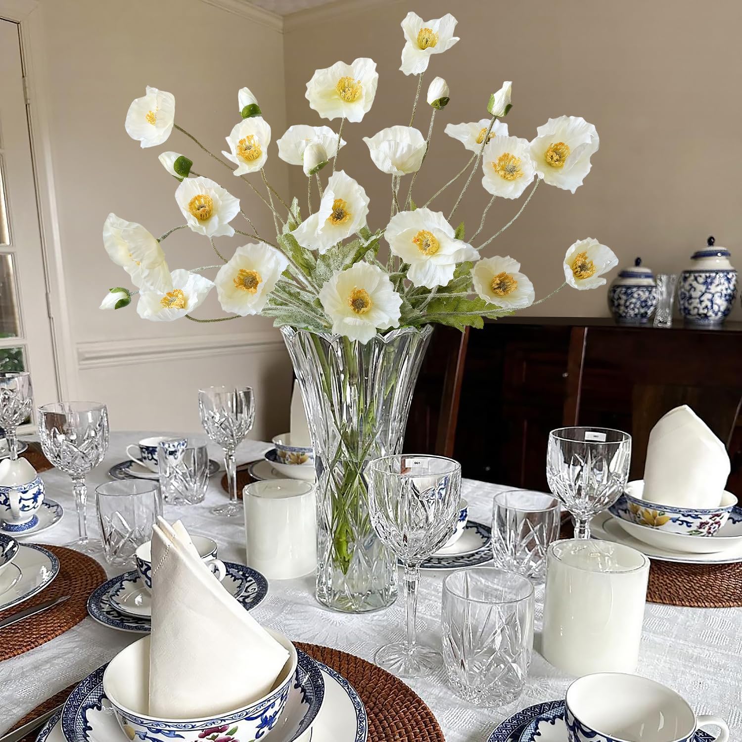 White Poppy Silk Flowers, 6pcs Lifelike Artificial Plants & Flowers, Faux Poppies Bouquet with Long Stems for Spring Kitchen Table Centerpiece Wedding Baby Shower Home Cemetery