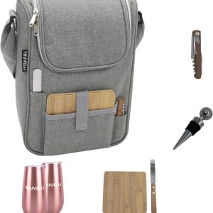 Truvelli Insulated Wine Tote Bag: Portable 2 Bottle Cheese Waterproof Black Canvas Carrier Picnic Kit - Stopper Attachment, Plus Wooden Charcuterie Board